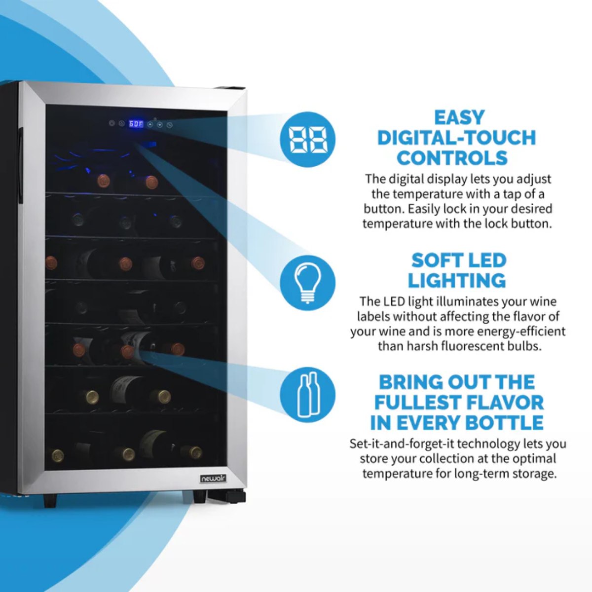 Newair 50 Bottle Freestanding Wine Fridge – 18.9" Stainless Steel - Key Features of the Fridge Shown