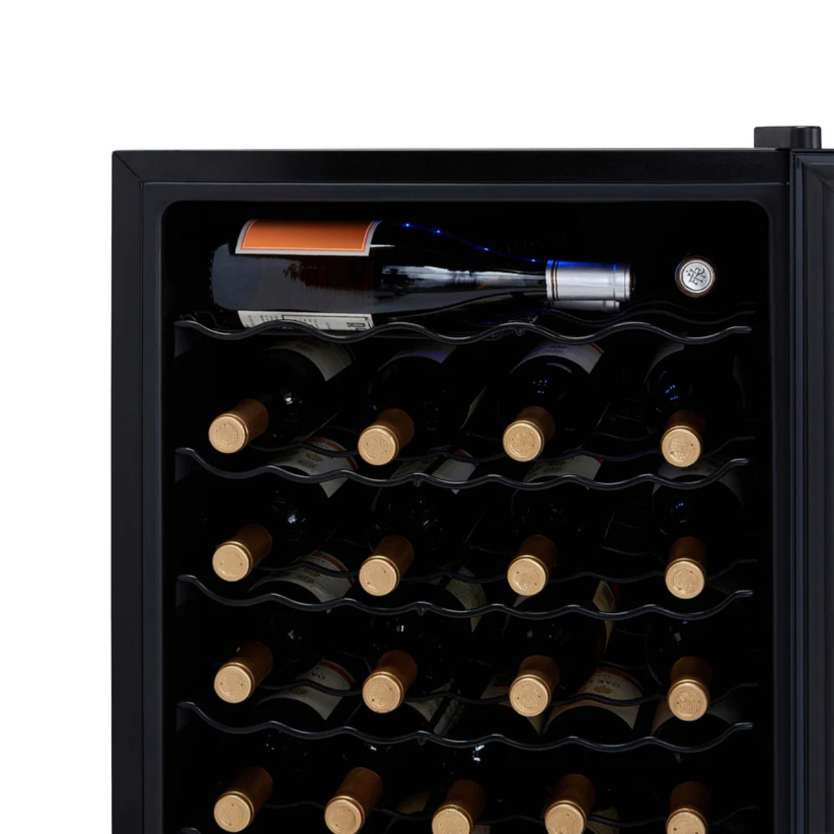 Newair 51 Bottle Shadow Series Wine Fridge – 19.5" Black - Close up View of the Racks and Wines