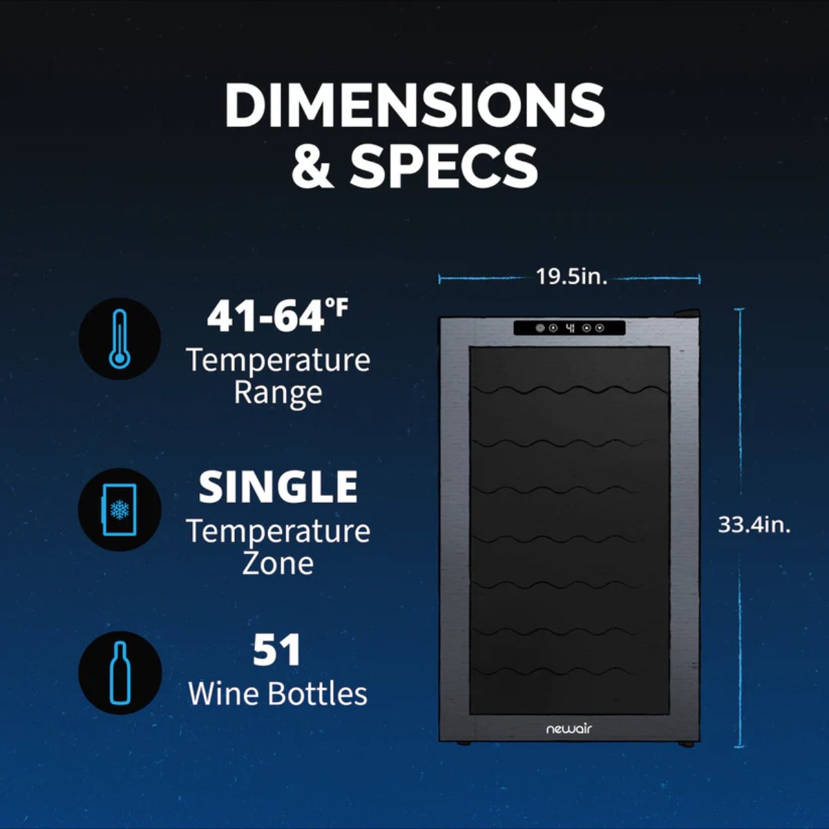 Newair 51 Bottle Shadow Series Wine Fridge – 19.5" Black - Dimensions and Specifications