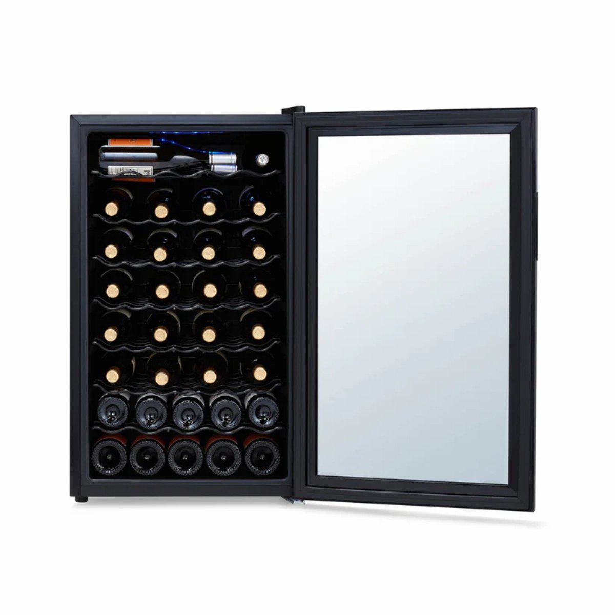 Newair 51 Bottle Shadow Series Wine Fridge – 19.5" Black - Front View Studio Image - Loaded - Opened