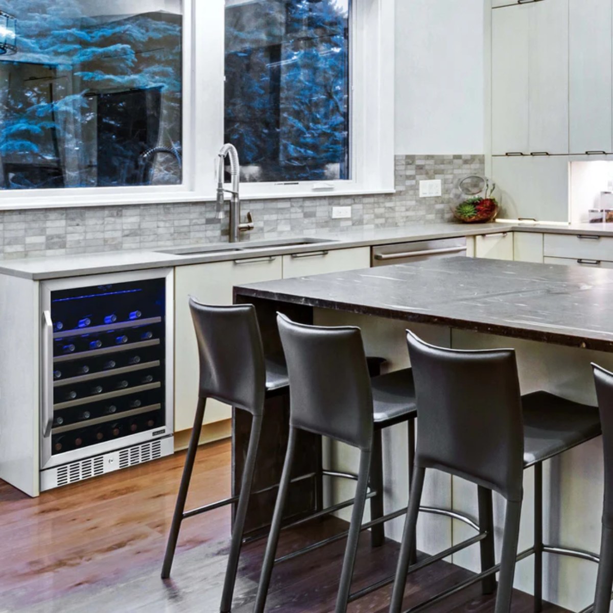 Newair 52 Bottle Built In Wine Fridge – 24" Stainless Steel - Built-in stainless steel wine cooler in a bright white kitchen