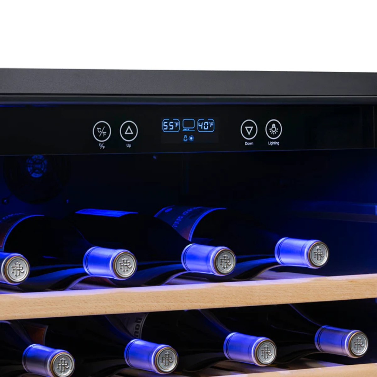 Newair 52 Bottle Built In Wine Fridge – 24" Stainless Steel - close up view of the digital thermostat