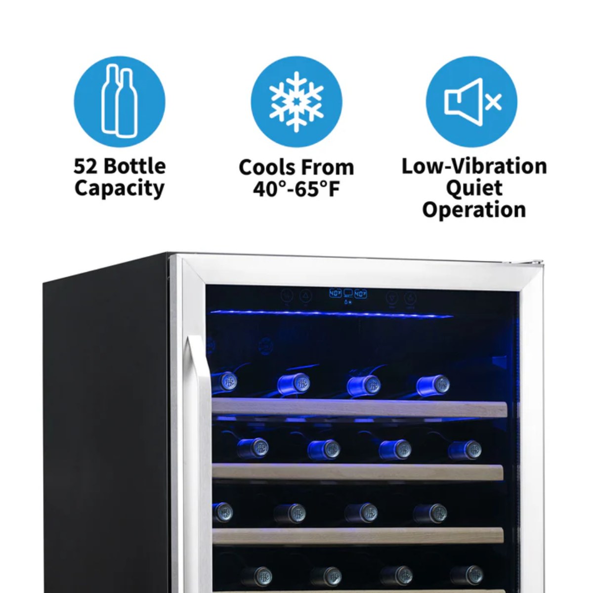 Newair 52 Bottle Built In Wine Fridge – 24" Stainless Steel - features of the wine fridge shown
