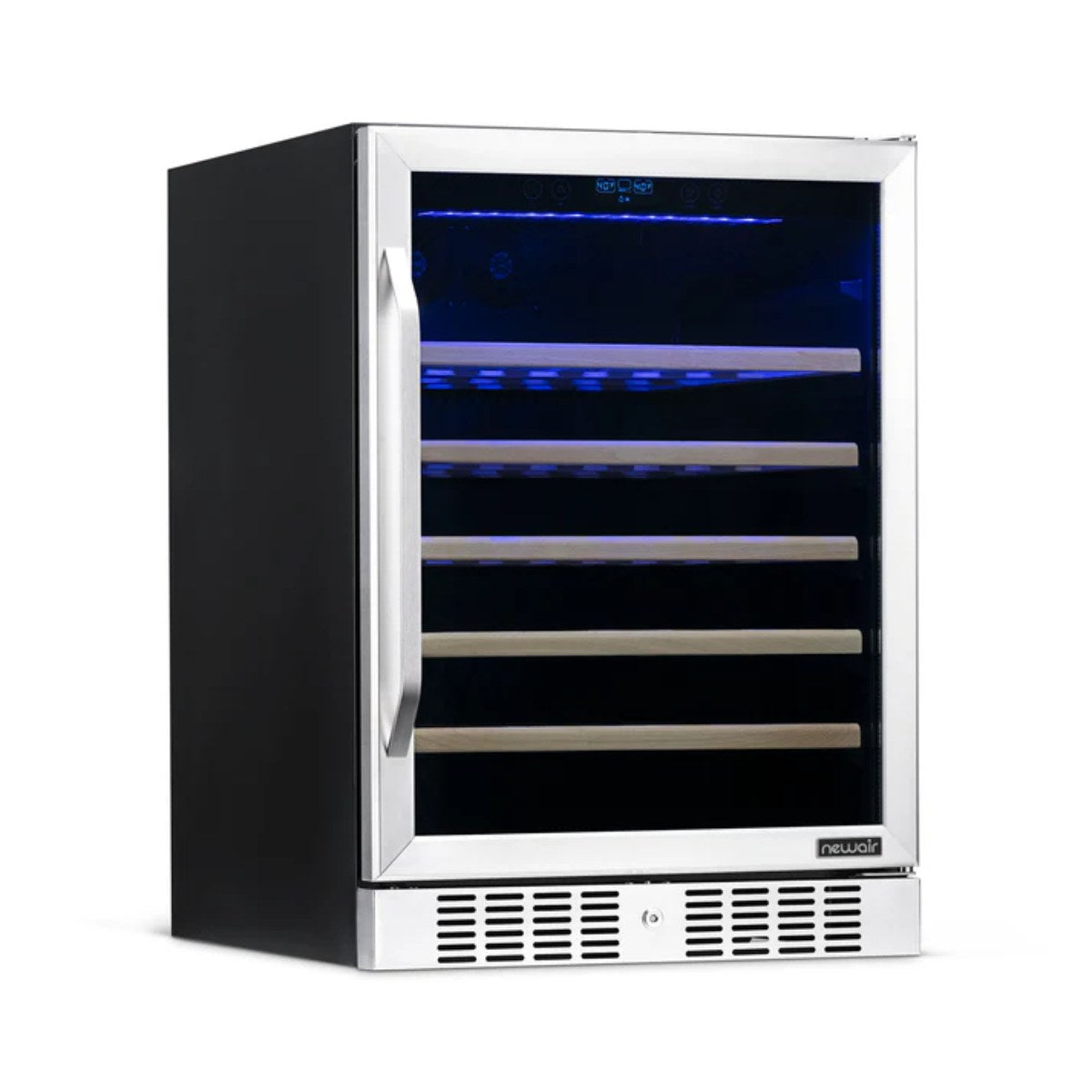 Newair 52 Bottle Built In Wine Fridge – 24" Stainless Steel - front left view empty shelves closed door