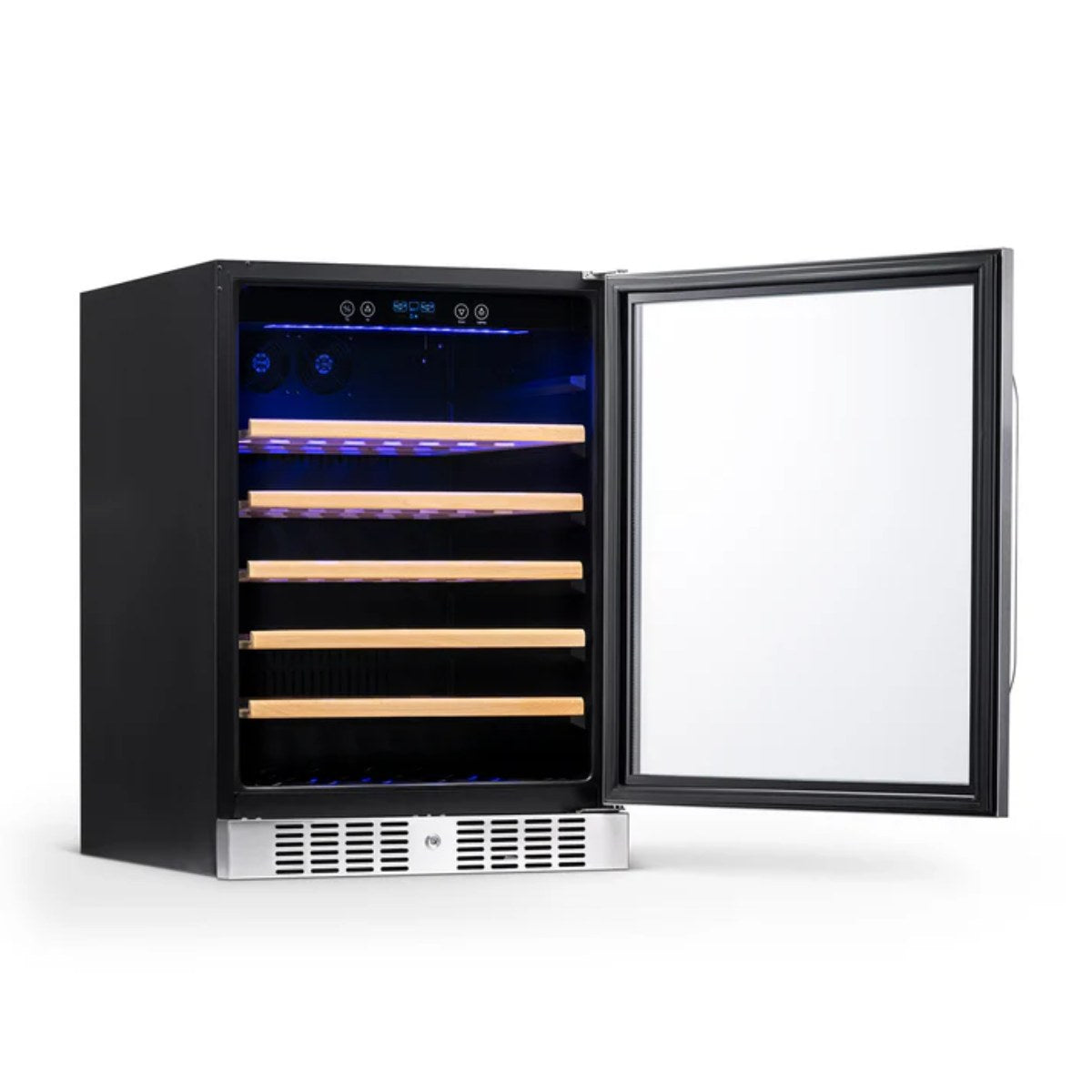 Newair 52 Bottle Built In Wine Fridge – 24" Stainless Steel - front left view empty shelves open door