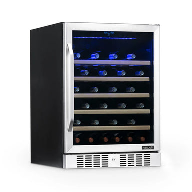 Newair 52 Bottle Built In Wine Fridge – 24" Stainless Steel - front left view loaded shelves closed door