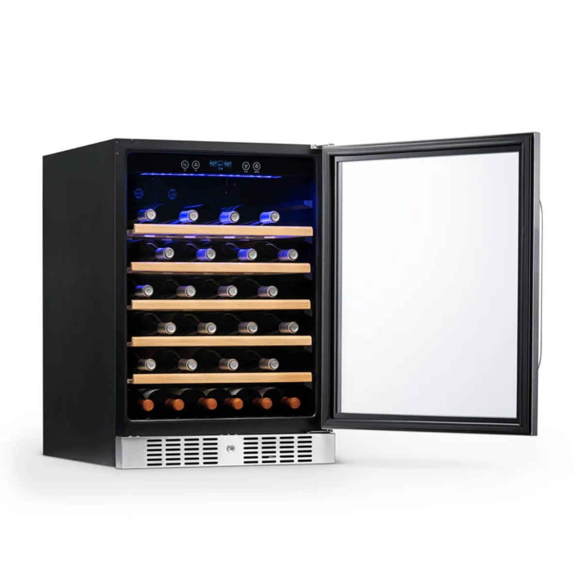 Newair 52 Bottle Built In Wine Fridge – 24" Stainless Steel - front left view loaded shelves open door