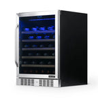 Newair 52 Bottle Built In Wine Fridge – 24" Stainless Steel - front right view loaded shelves closed door