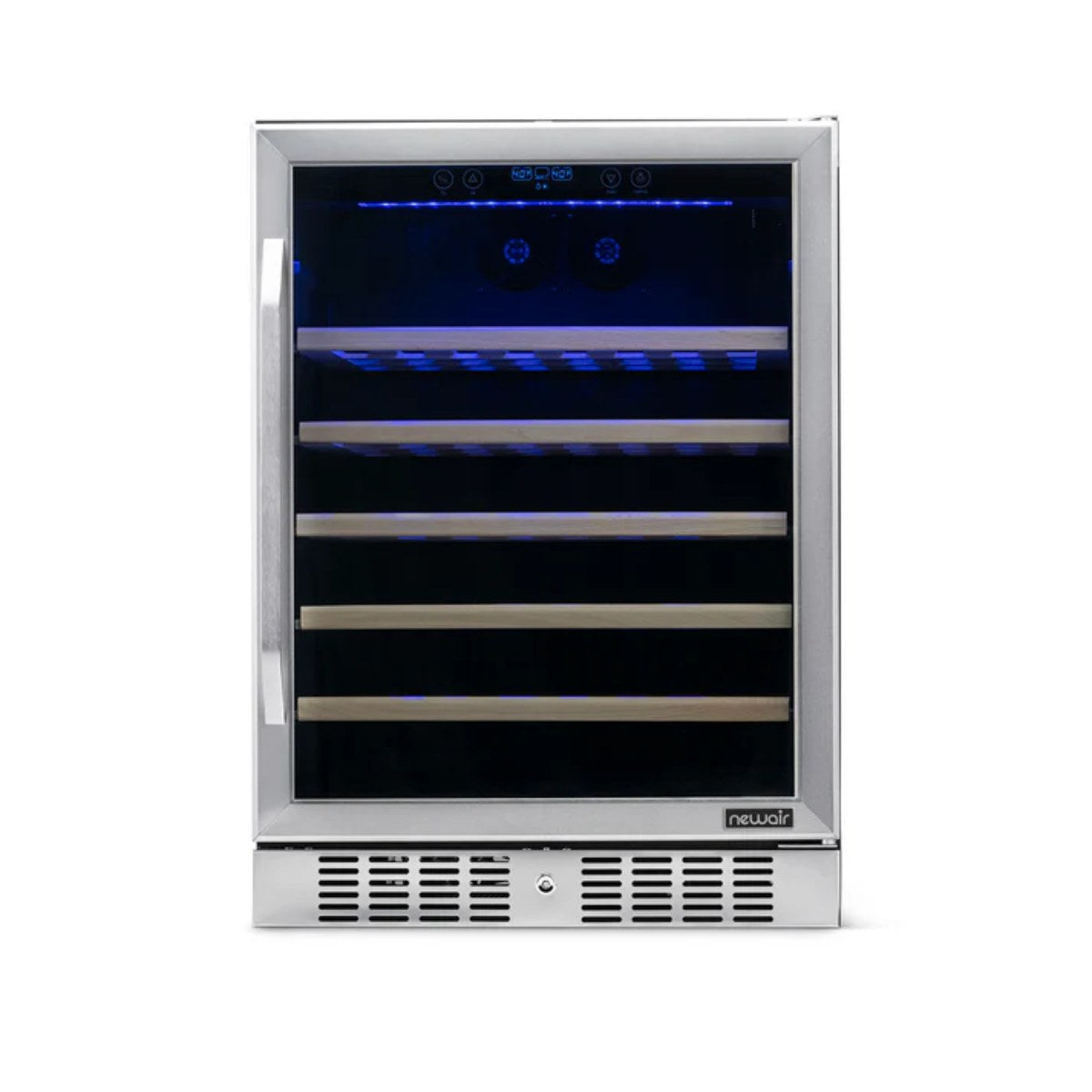 Newair 52 Bottle Built In Wine Fridge – 24" Stainless Steel - front view empty shelves closed door