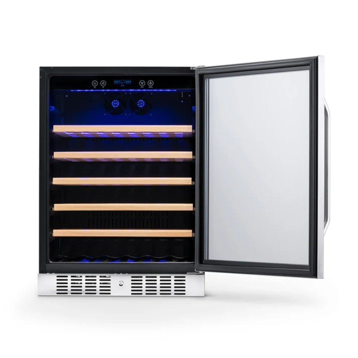 Newair 52 Bottle Built In Wine Fridge – 24" Stainless Steel - front view empty shelves open door