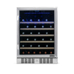 Newair 52 Bottle Built In Wine Fridge – 24" Stainless Steel - front view loaded shelves closed door