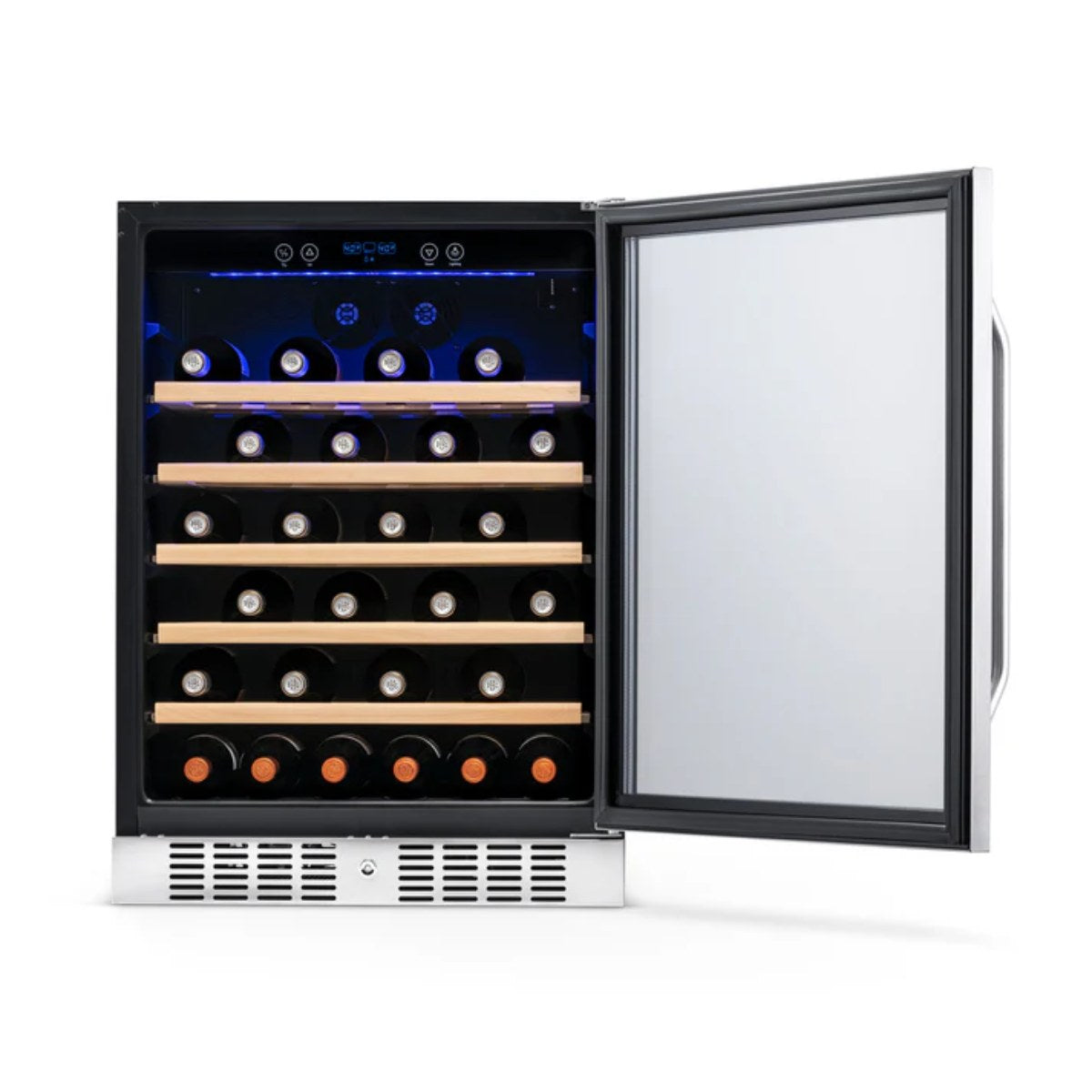 Newair 52 Bottle Built In Wine Fridge – 24" Stainless Steel - front view loaded shelves open door