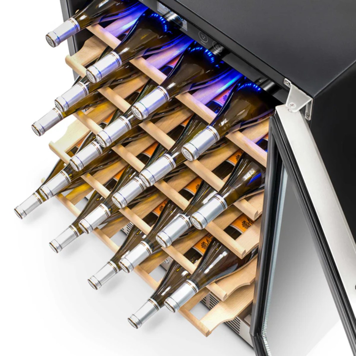 Newair 52 Bottle Built In Wine Fridge – 24" Stainless Steel - top view showing shelves with wine bottles