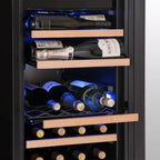 Newair 56 Bottle Shadow Series Dual Zone Wine Fridge – 16.9" Black - Close up view of the Wooden Sheleves with Wines