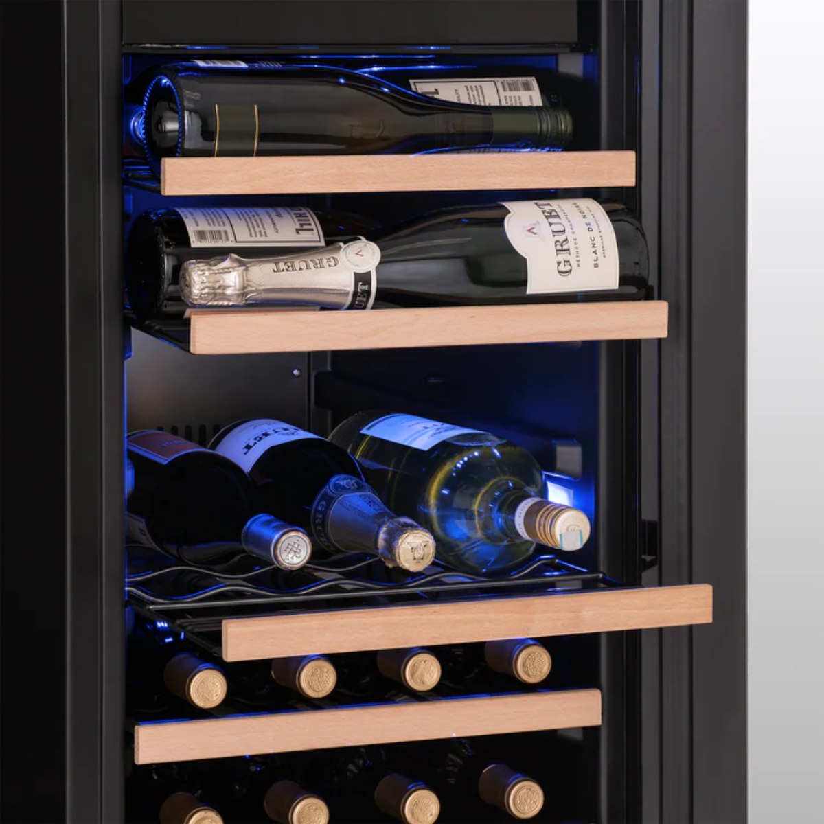 Newair 56 Bottle Shadow Series Dual Zone Wine Fridge – 16.9" Black - Close up view of the Wooden Sheleves with Wines