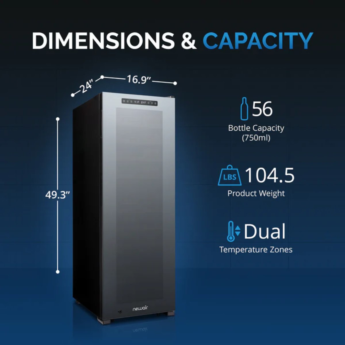 Newair 56 Bottle Shadow Series Dual Zone Wine Fridge – 16.9" Black - Dimensions and Capacity