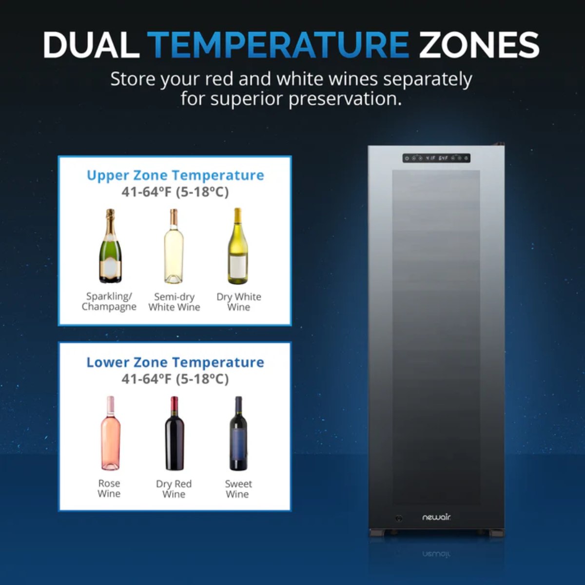 Newair 56 Bottle Shadow Series Dual Zone Wine Fridge – 16.9" Black - Dual Temperature Zones Upper and Lower