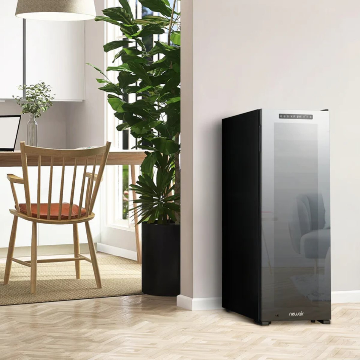 Newair 56 Bottle Shadow Series Dual Zone Wine Fridge – 16.9" Black - Fridge shown in the Kitchen partition