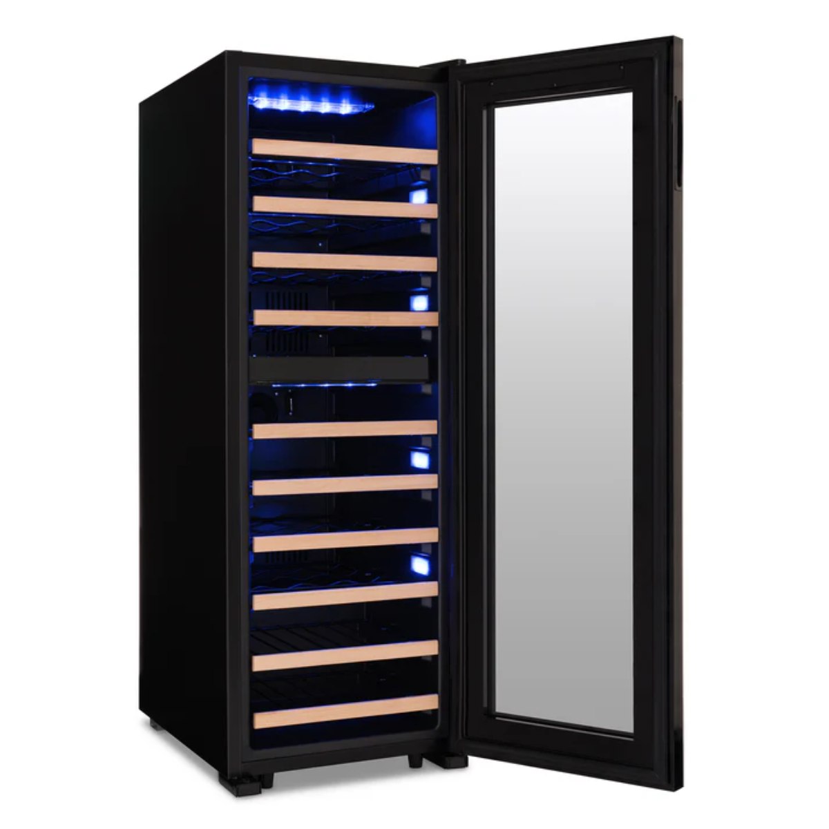 Newair 56 Bottle Shadow Series Dual Zone Wine Fridge – 16.9" Black - Front Left View Studio Image - Empty - Opened