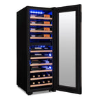 Newair 56 Bottle Shadow Series Dual Zone Wine Fridge – 16.9" Black - Front Left View Studio Image - Loaded - Opened