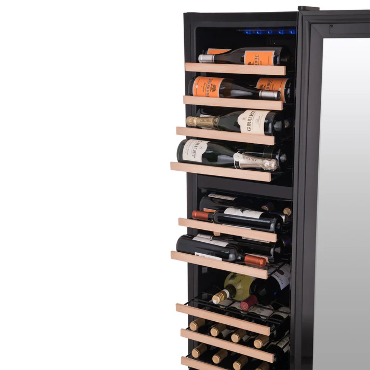 Newair 56 Bottle Shadow Series Dual Zone Wine Fridge – 16.9" Black - Front SIde View of the Fridge with wines