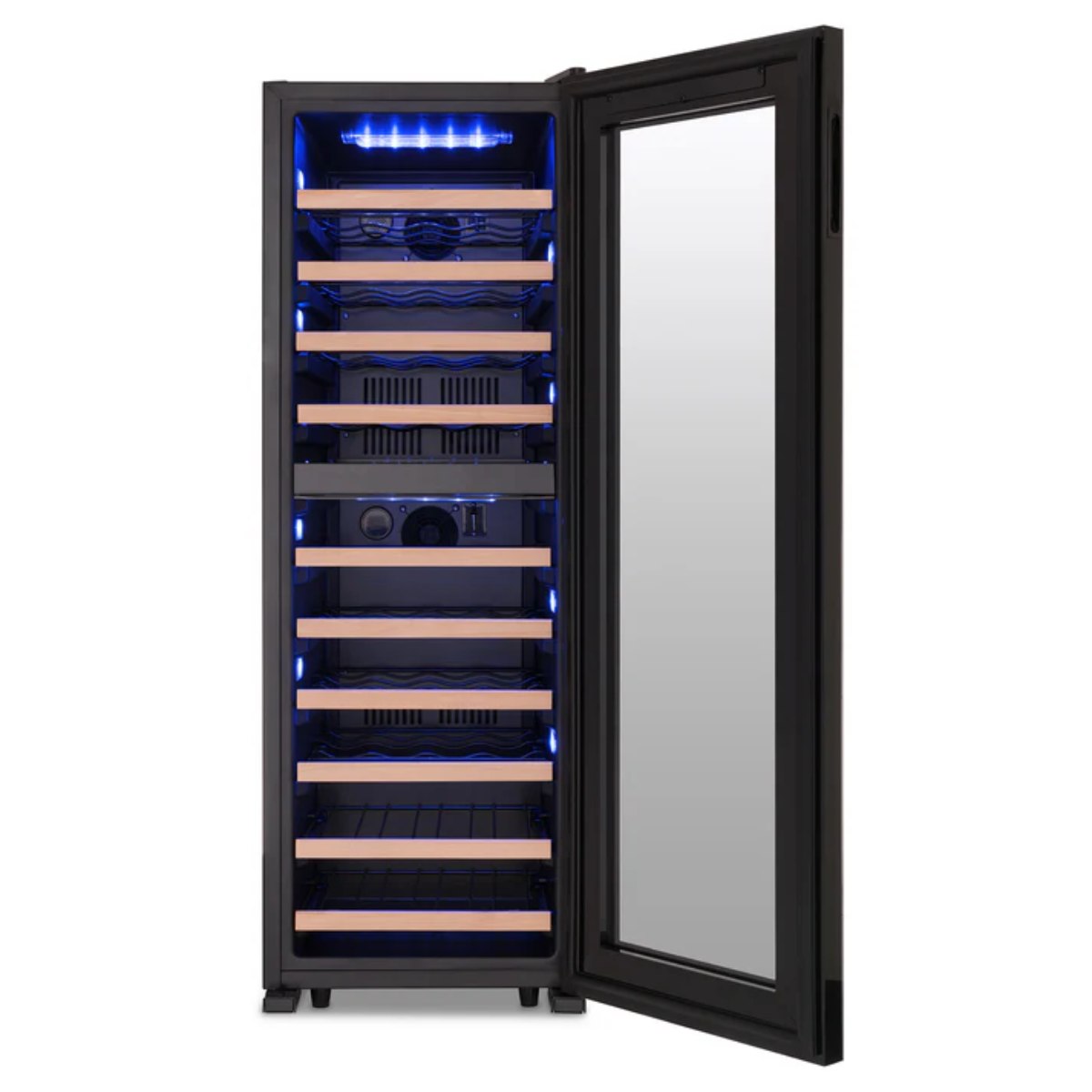 Newair 56 Bottle Shadow Series Dual Zone Wine Fridge – 16.9" Black - Front  View Studio Image - Empty - Opened