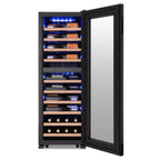 Newair 56 Bottle Shadow Series Dual Zone Wine Fridge – 16.9" Black - Front  View Studio Image - Loaded - Opened