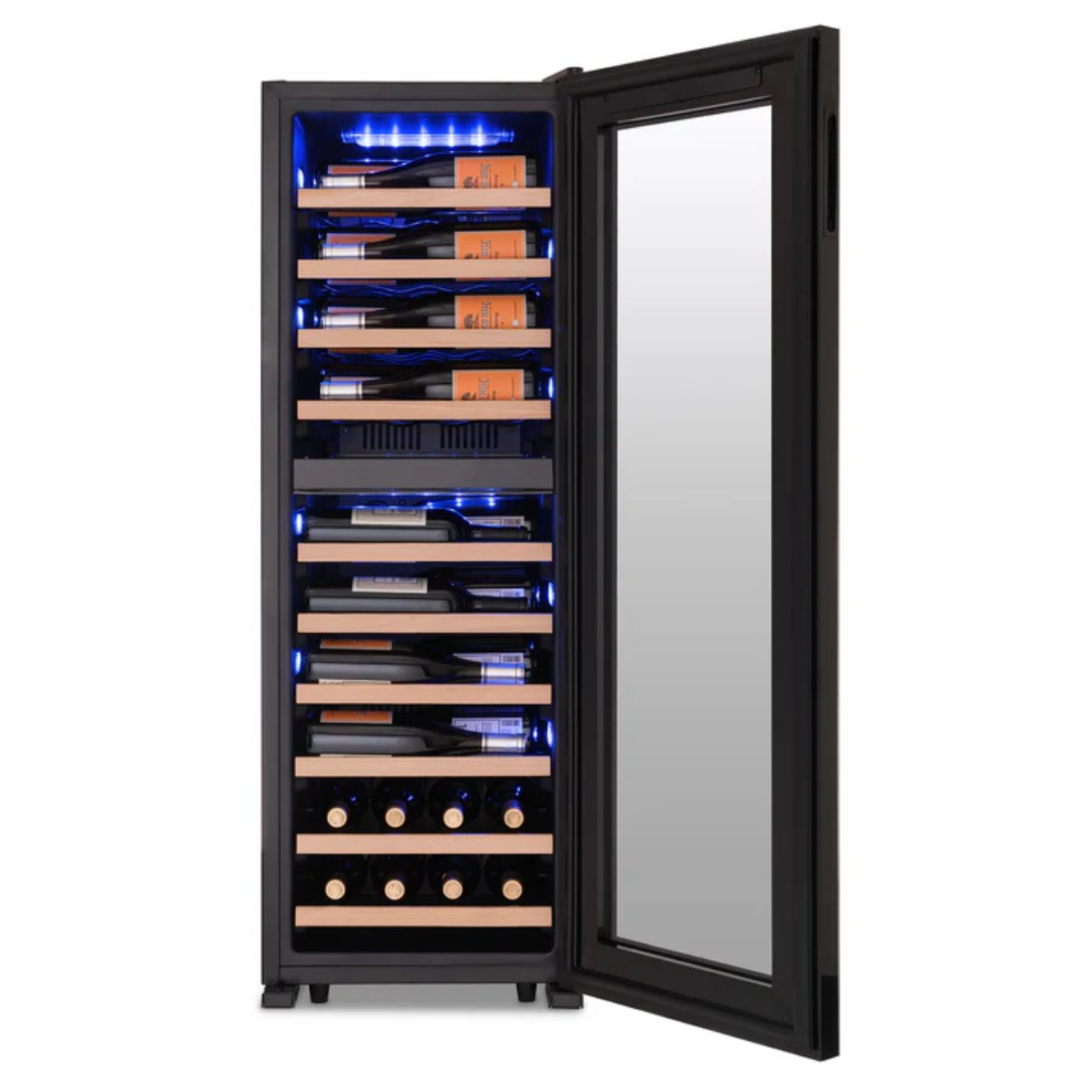 Newair 56 Bottle Shadow Series Dual Zone Wine Fridge – 16.9" Black - Front  View Studio Image - Loaded - Opened