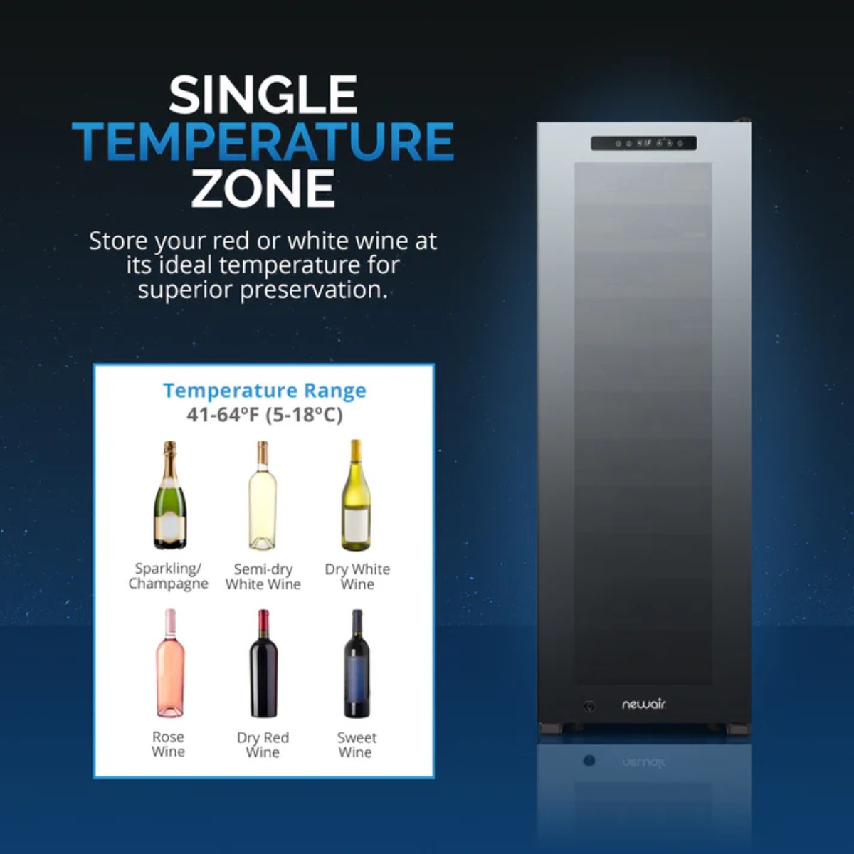 Newair 56 Bottle Shadow Series Dual Zone Wine Fridge – 16.9" Black - Single Temperature Zone
