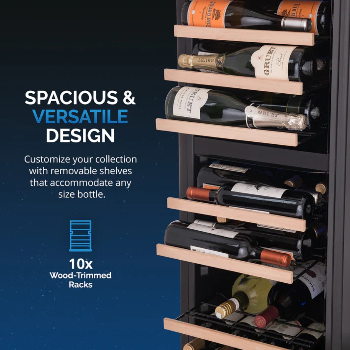 Newair 56 Bottle Shadow Series Dual Zone Wine Fridge – 16.9" Black - Spacious and Versatile Design - 10x Wood Racks