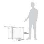 Newair 60-Can Freestanding Beverage Fridge – 16.75" Black - dimensions of the fridge with comparison to a human