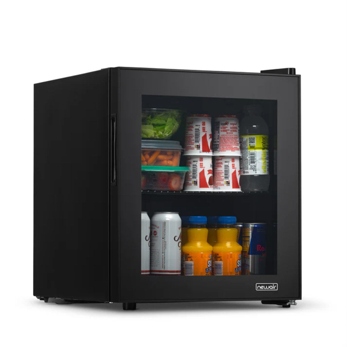 Newair 60-Can Freestanding Beverage Fridge – 16.75" Black - front left view loaded fridge closed door