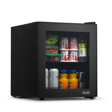 Newair 60-Can Freestanding Beverage Fridge – 16.75" Black - front left view loaded fridge closed door