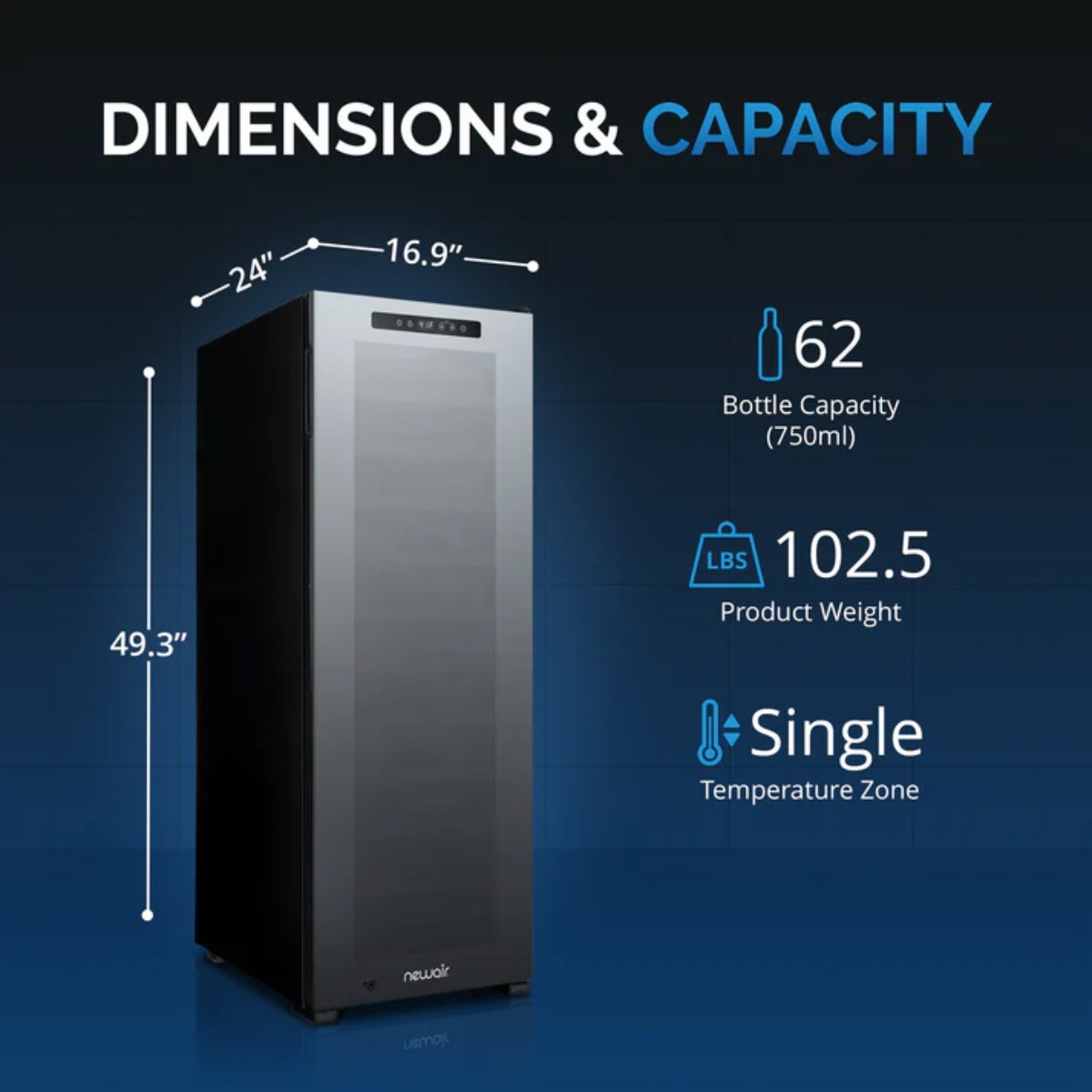 Newair 62 Bottle Shadow Series Freestanding Wine Fridge – 16.9" Black - Dimensions and Capacity