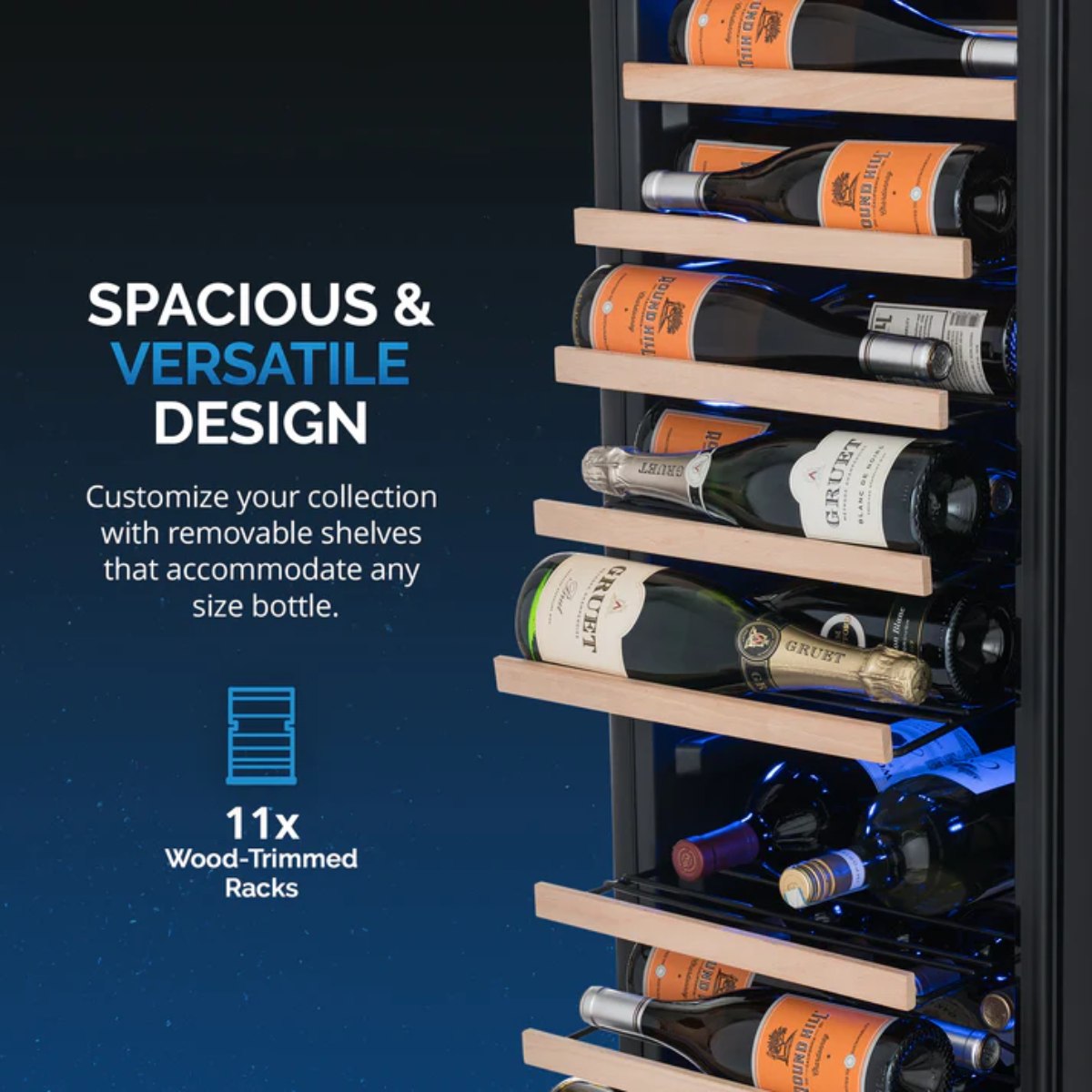 Newair 62 Bottle Shadow Series Freestanding Wine Fridge – 16.9" Black - Spacious and Versatile Design - 11x Wood Racks