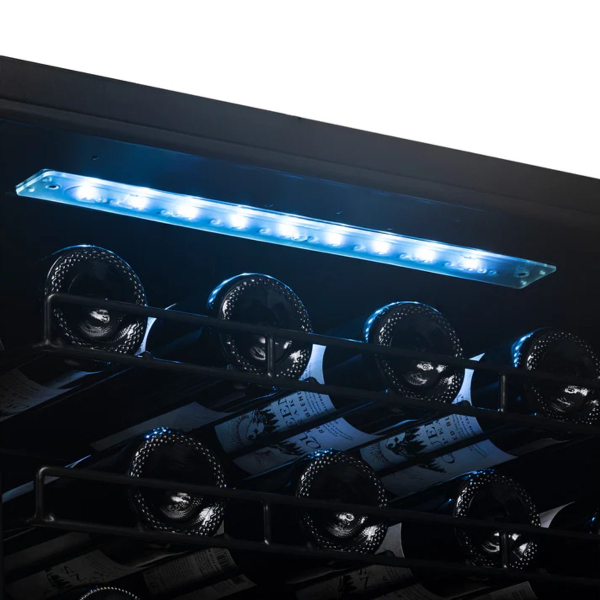 Newair 76 Bottle Dual Zone Wine Fridge – 23" Stainless Steel - Close up view of the Blue LED lights