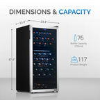 Newair 76 Bottle Dual Zone Wine Fridge – 23" Stainless Steel - Dimensions and Capacity Shown