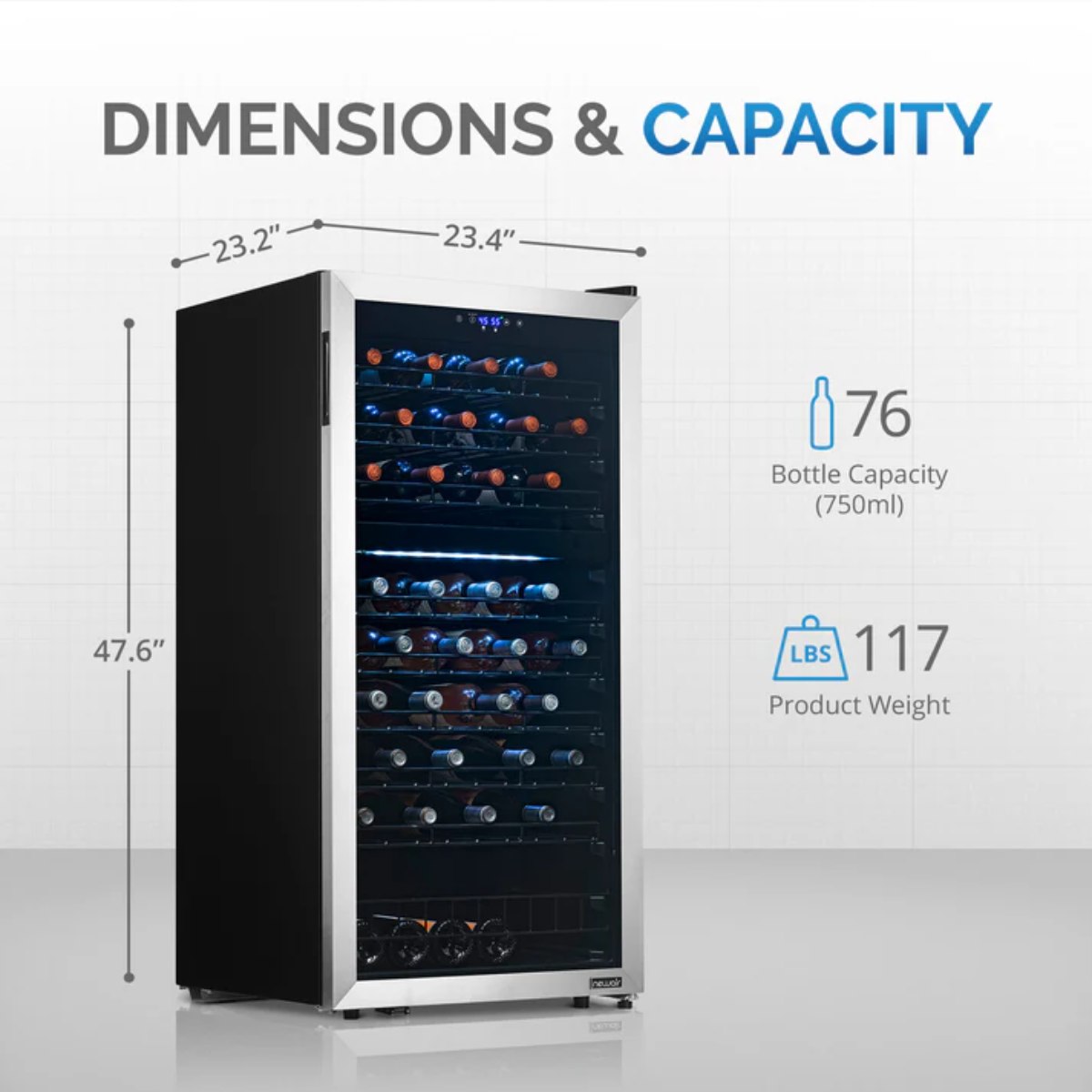 Newair 76 Bottle Dual Zone Wine Fridge – 23" Stainless Steel - Dimensions and Capacity Shown