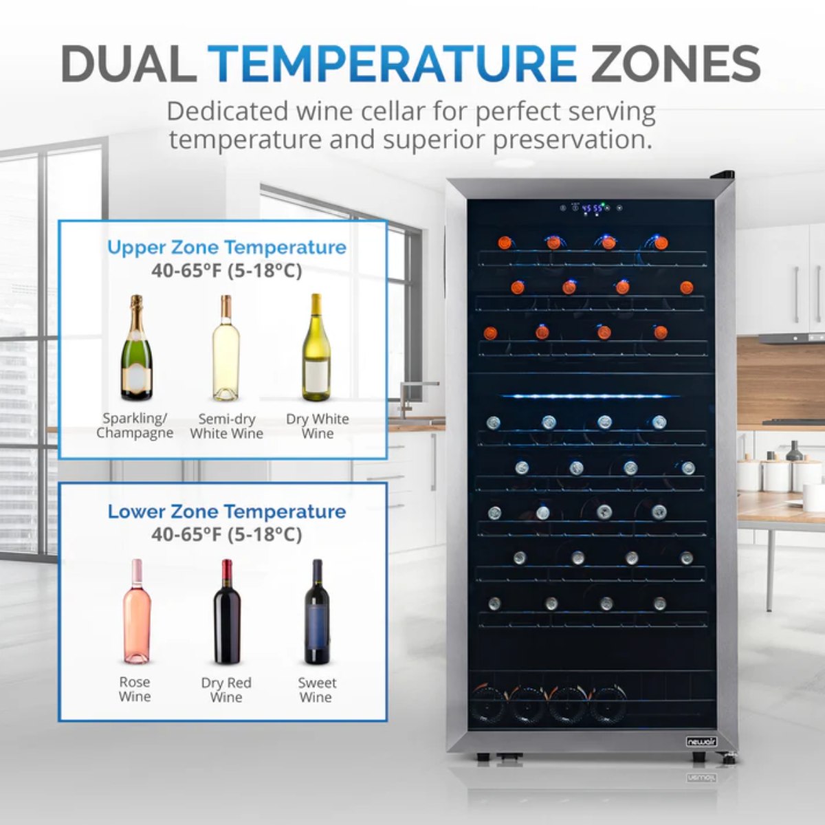 Newair 76 Bottle Dual Zone Wine Fridge – 23" Stainless Steel - Dual Temperature Zones Upper and Lower