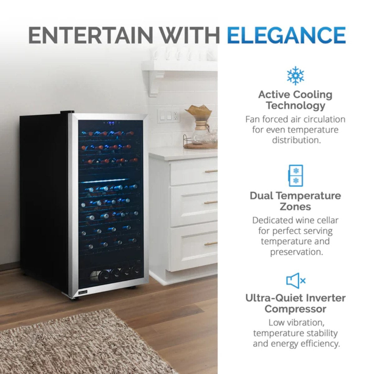 Newair 76 Bottle Dual Zone Wine Fridge – 23" Stainless Steel - Entertain with Elegance - Features Shown