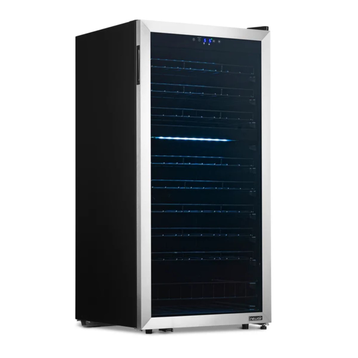 Newair 76 Bottle Dual Zone Wine Fridge – 23" Stainless Steel - Front Left View - Empty Shelves - Closed Door