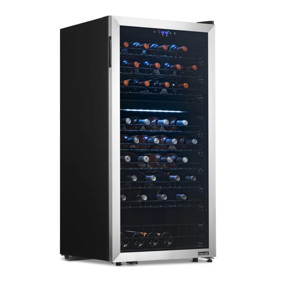 Newair 76 Bottle Dual Zone Wine Fridge – 23" Stainless Steel - Front Left View - Loaded Shelves