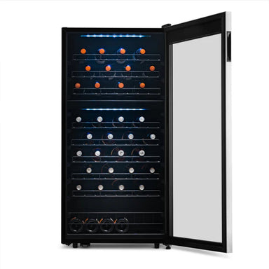 Newair 76 Bottle Dual Zone Wine Fridge – 23" Stainless Steel - Front View - Loaded Shelves - Open Door