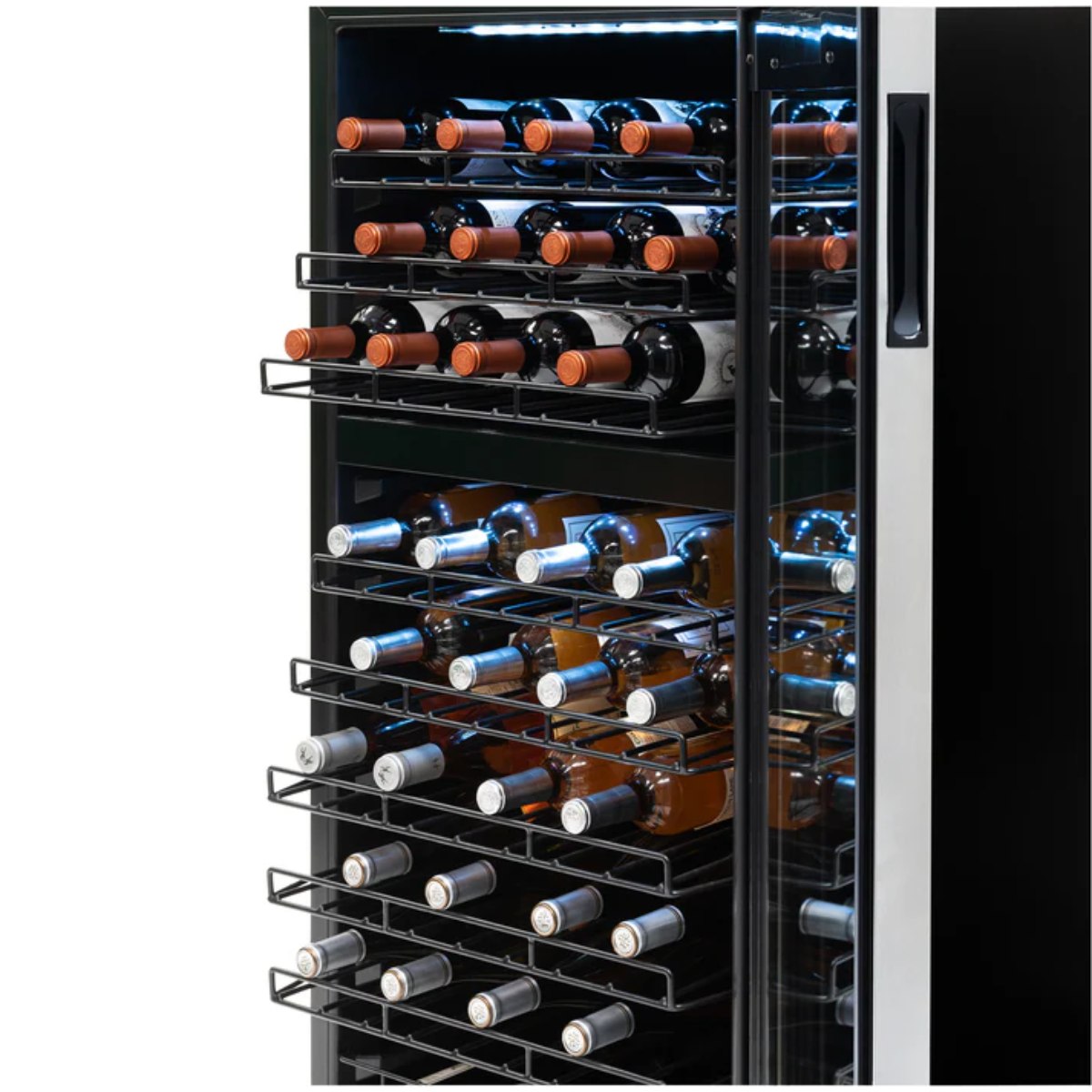 Newair 76 Bottle Dual Zone Wine Fridge – 23" Stainless Steel - Side view of the adjustable shelves with wines