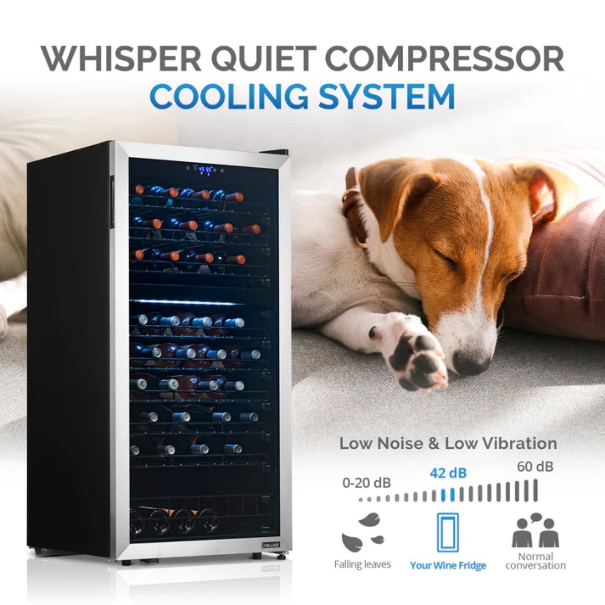 Newair 76 Bottle Dual Zone Wine Fridge – 23" Stainless Steel - Whisper Quiet Compressor Cooling System