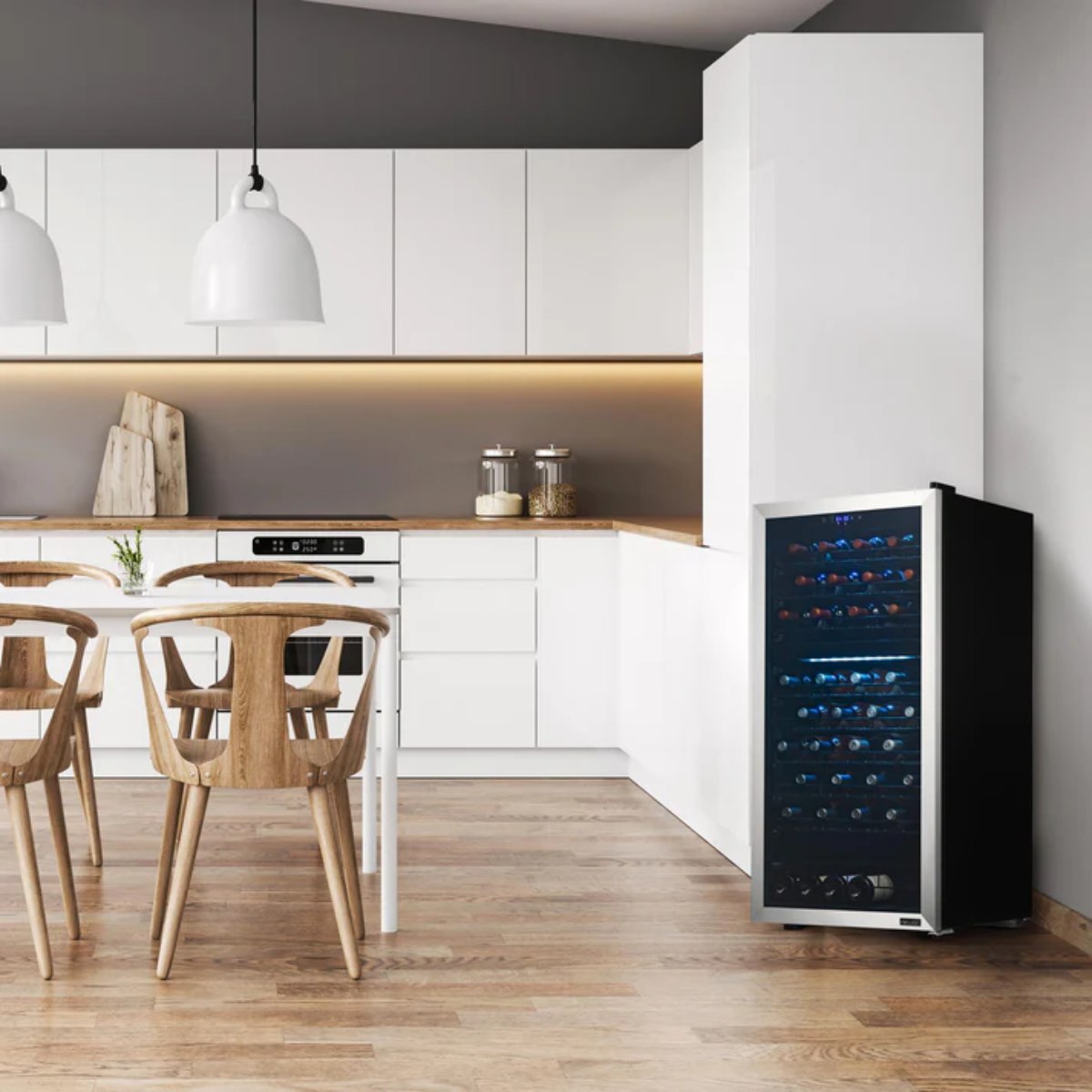 Newair 76 Bottle Dual Zone Wine Fridge – 23" Stainless Steel - Wine Fridge shown in the Kitchen Corner