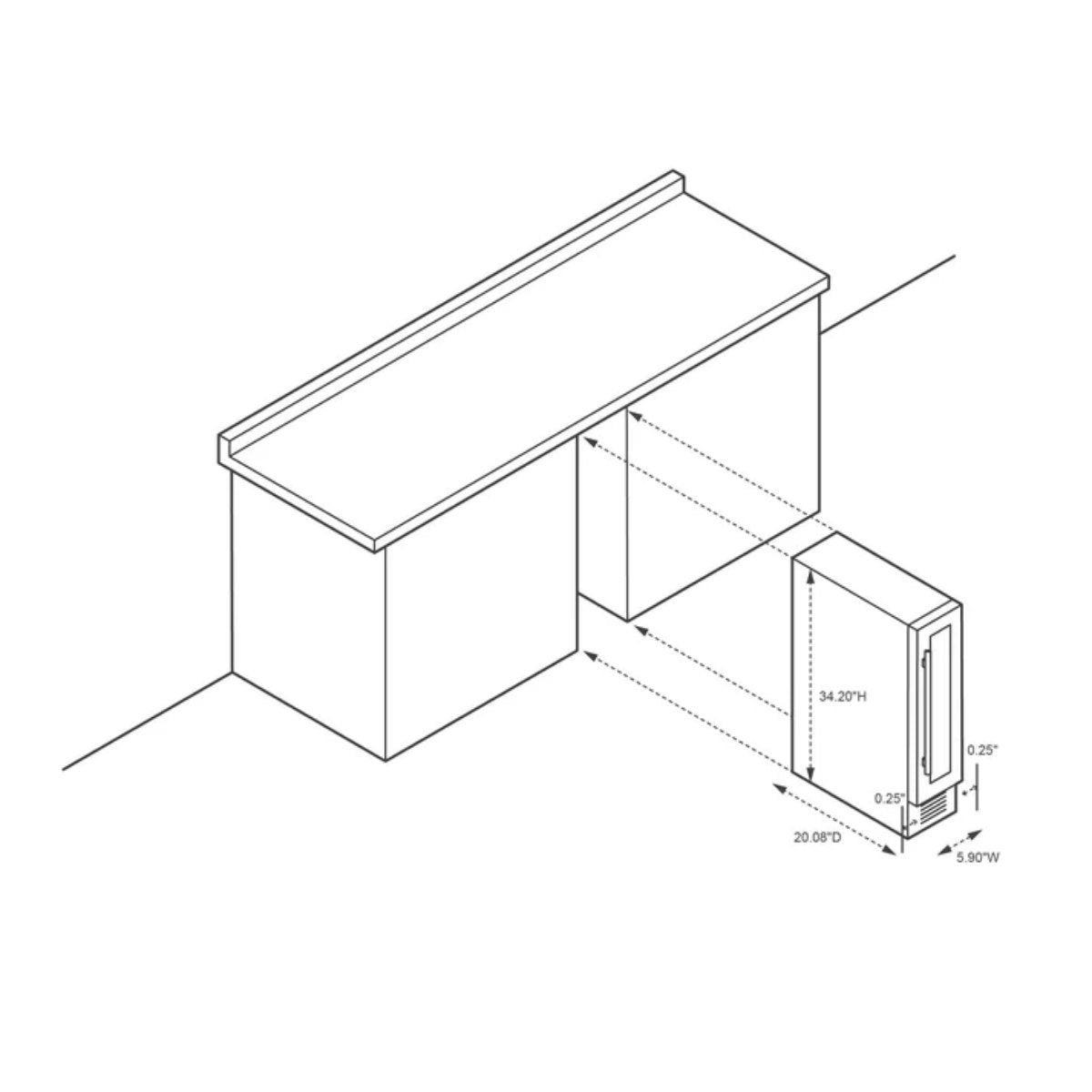 Newair 7 Bottle Built In Wine Fridge – 5.9" Stainless Steel - Dimension of the built in fridge shown