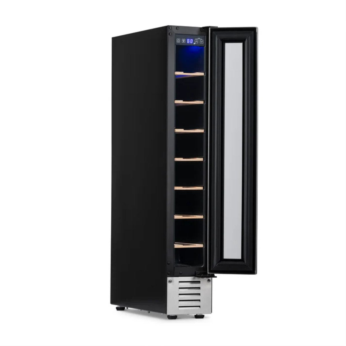 Newair 7 Bottle Built In Wine Fridge – 5.9" Stainless Steel - Front Left View - Empty Inside - Open Door