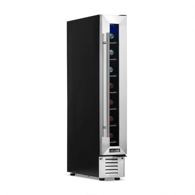 Newair 7 Bottle Built In Wine Fridge – 5.9" Stainless Steel - Front Left View - Loaded Shelves - Closed Door