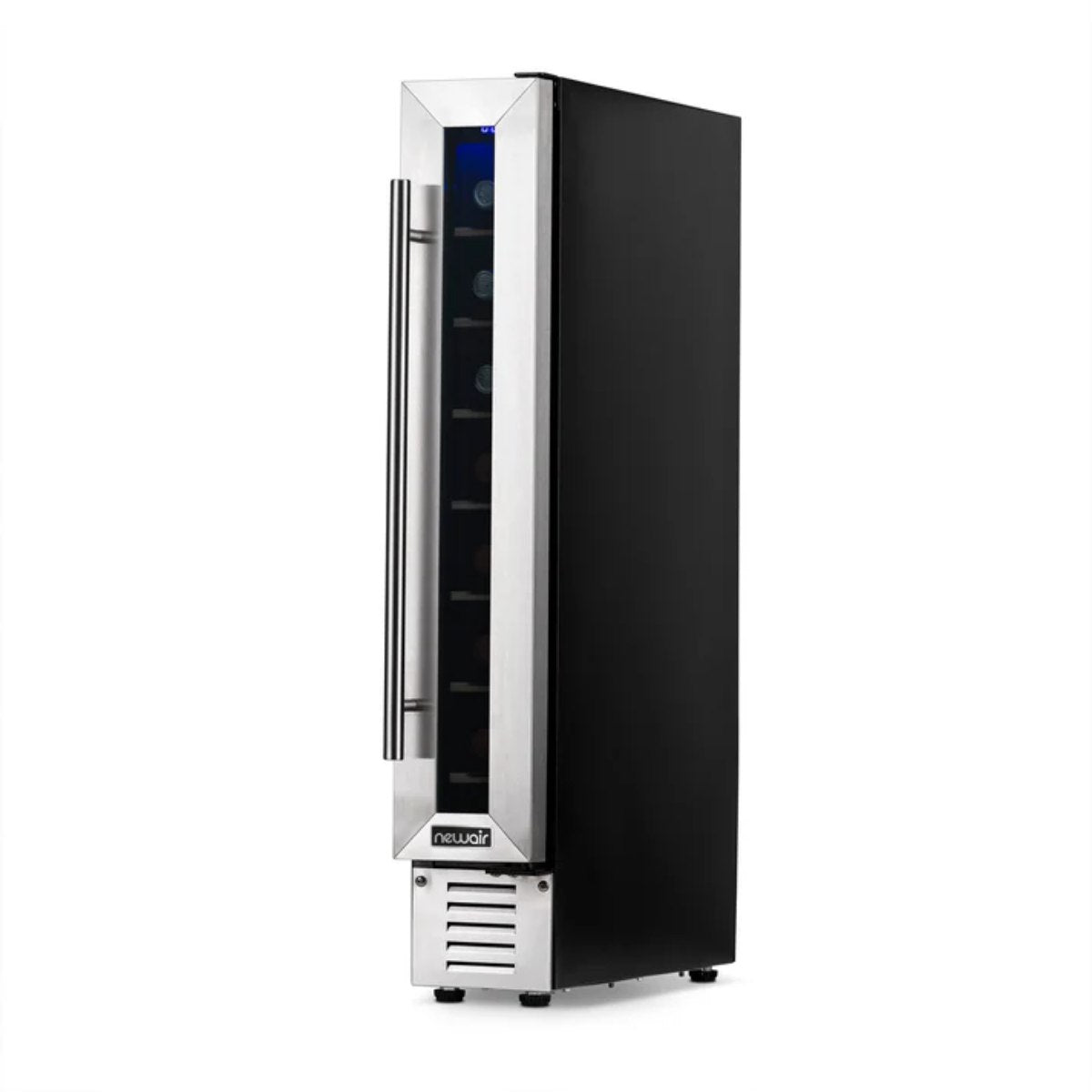 Newair 7 Bottle Built In Wine Fridge – 5.9" Stainless Steel - Front Right View - Loaded Shelves - Closed Door